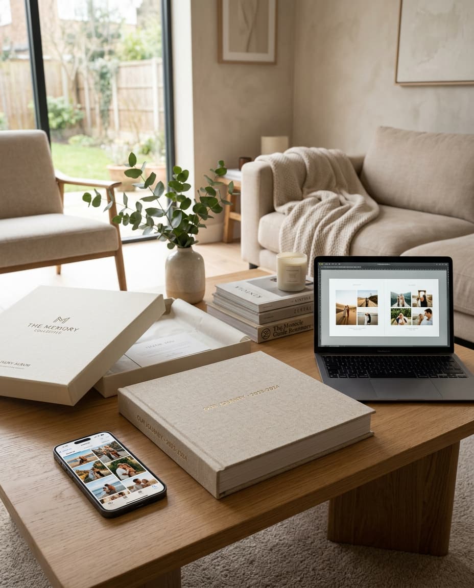 Premium photobook displayed on a minimal wooden table